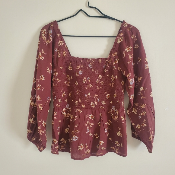 Nwt Madewell Lucie Smocked Square Neck Peplum Blouse Beatrice Floral Dark Merlot - Picture 5 of 7